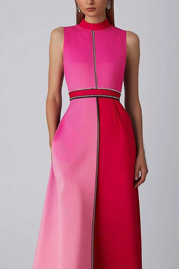 High Neck A Line Satin Sleeveless Pink Formal Dress